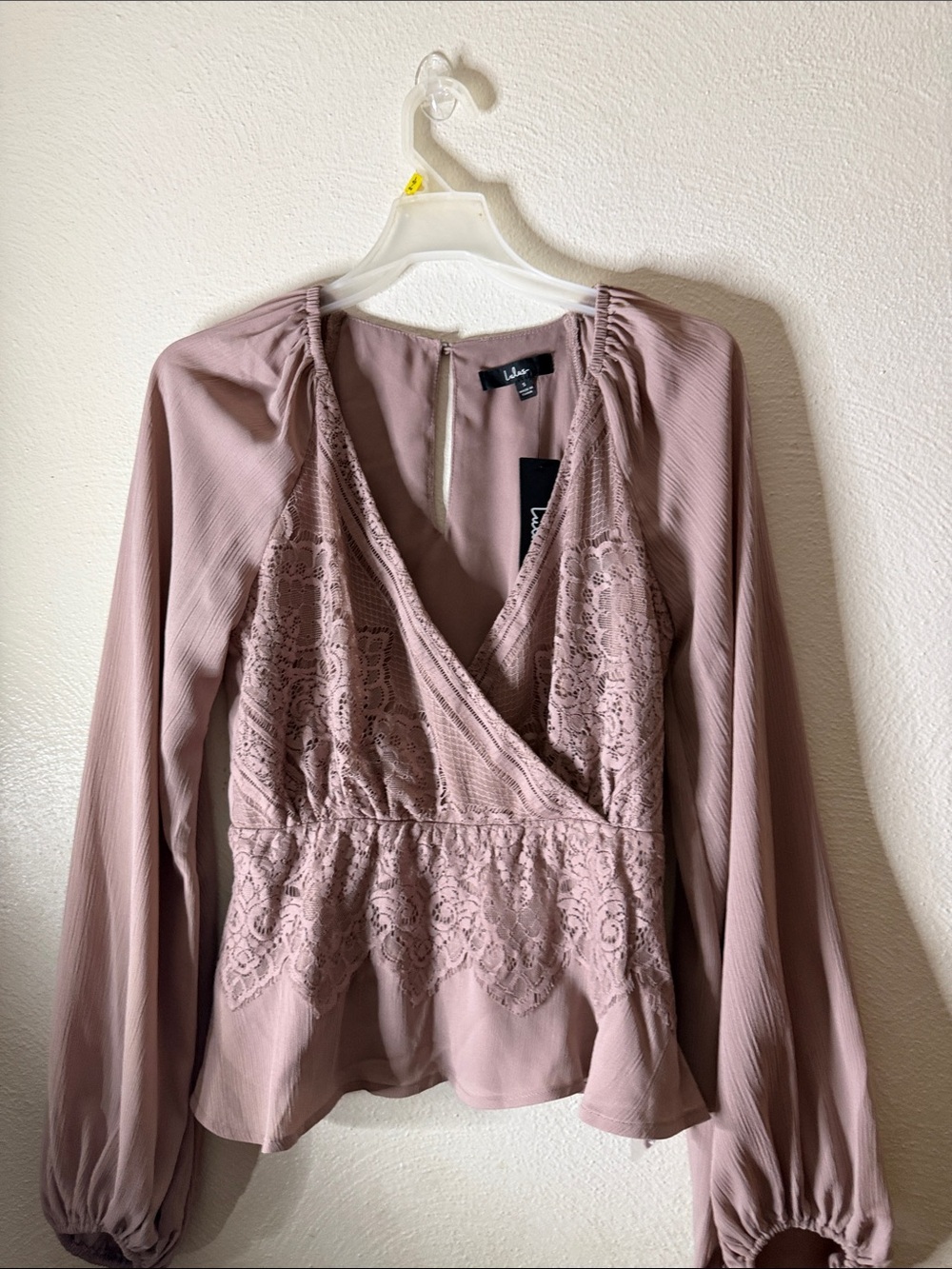 Lulu's Dusty Mauve Lace Surplice Long-Sleeve Blouse